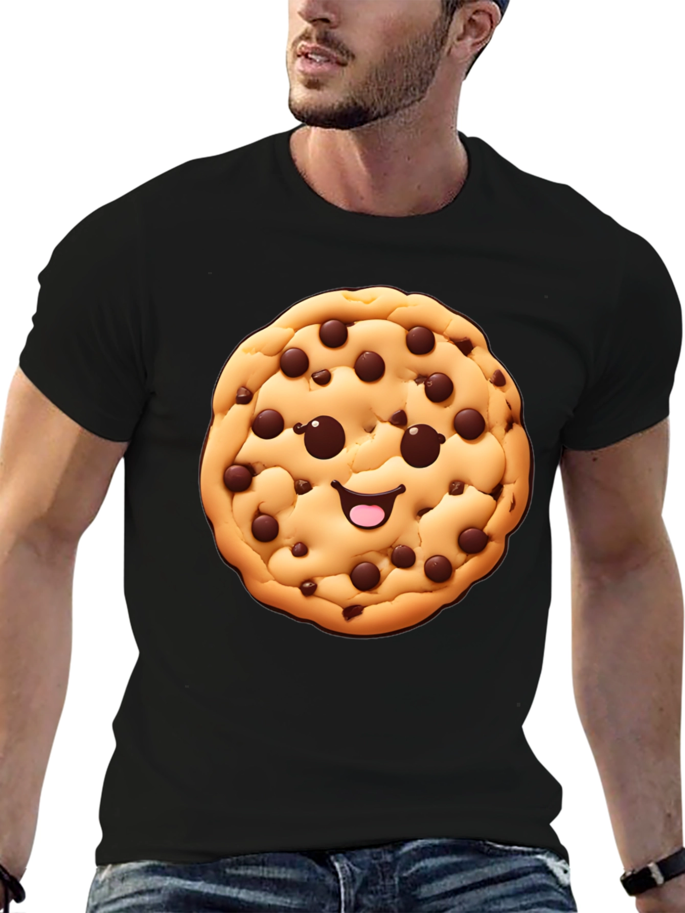 Camiseta Negra con Diseño de Galleta Sonriente