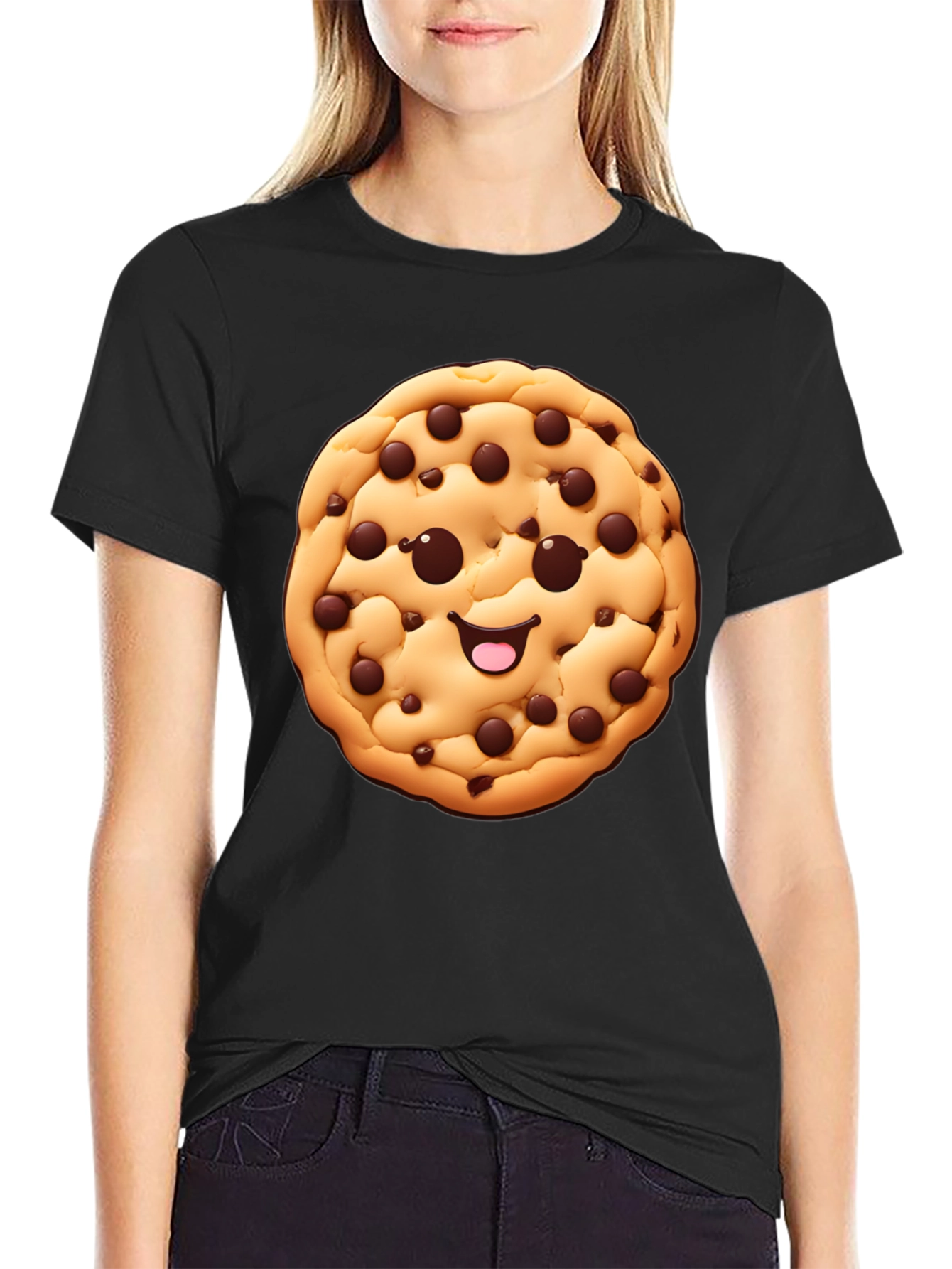 Camiseta Negra con Diseño de Galleta Sonriente