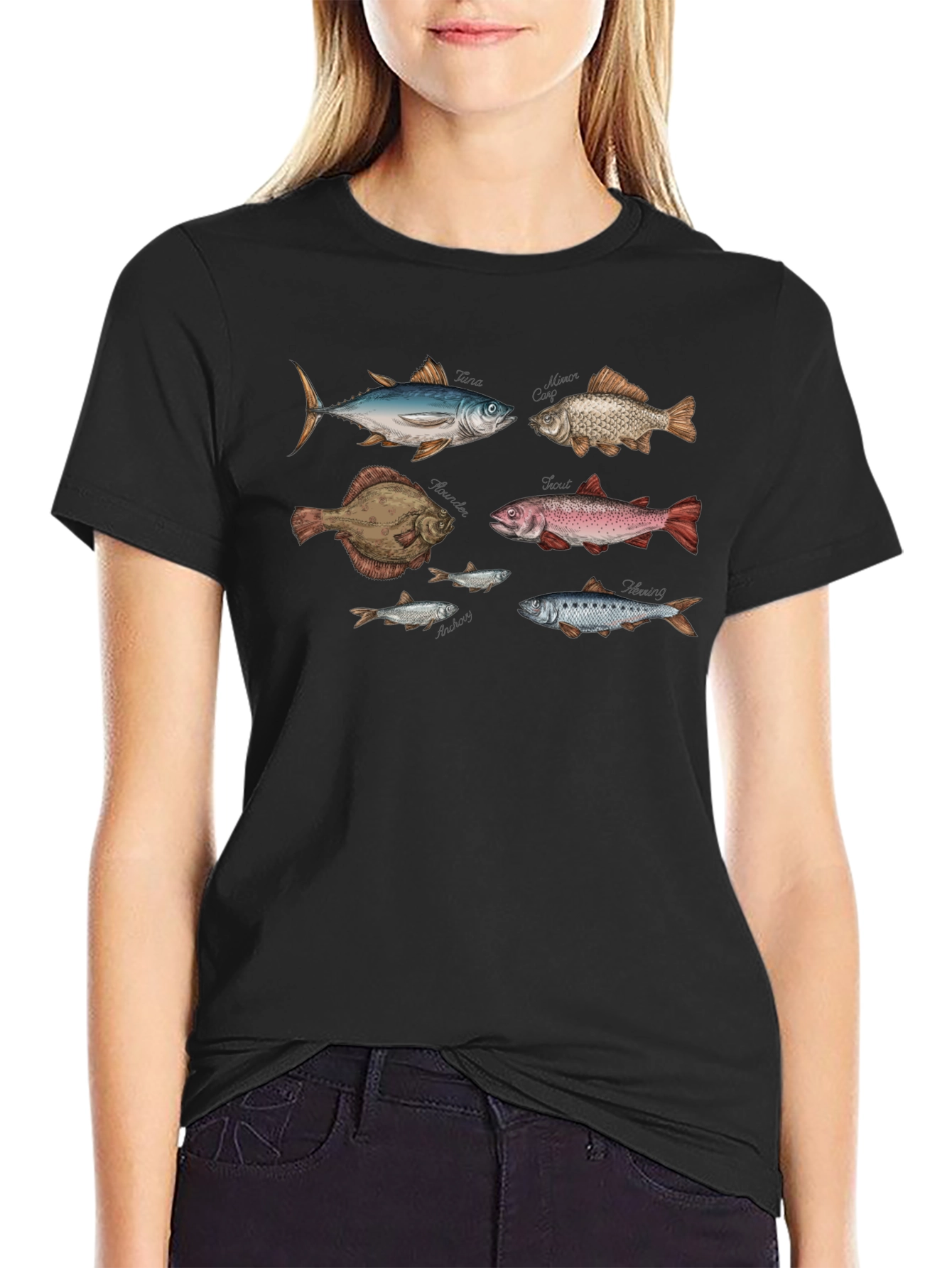 Camiseta Negra con Diseño de Peces