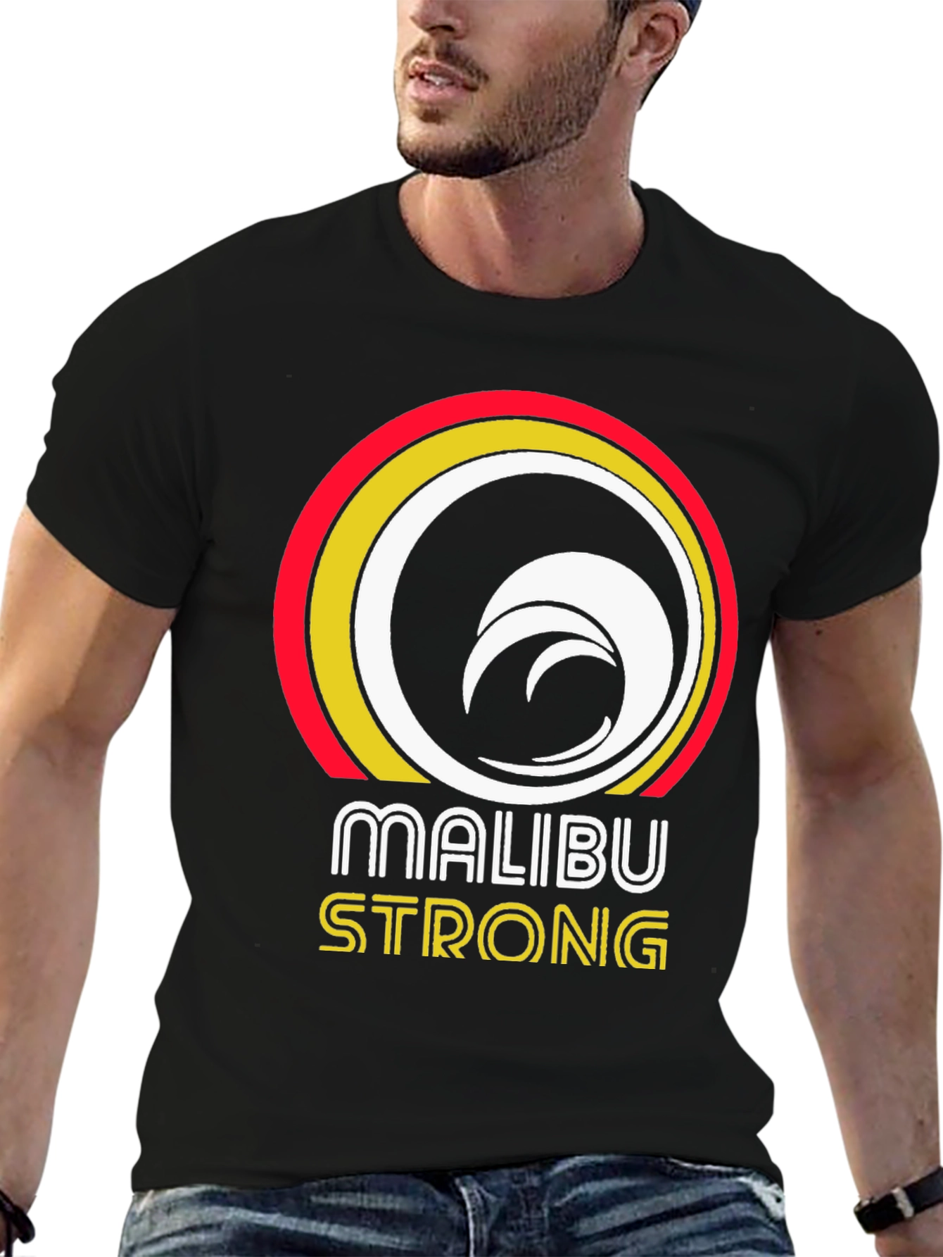 Camiseta Negra Malibu Strong con Diseño de Ola