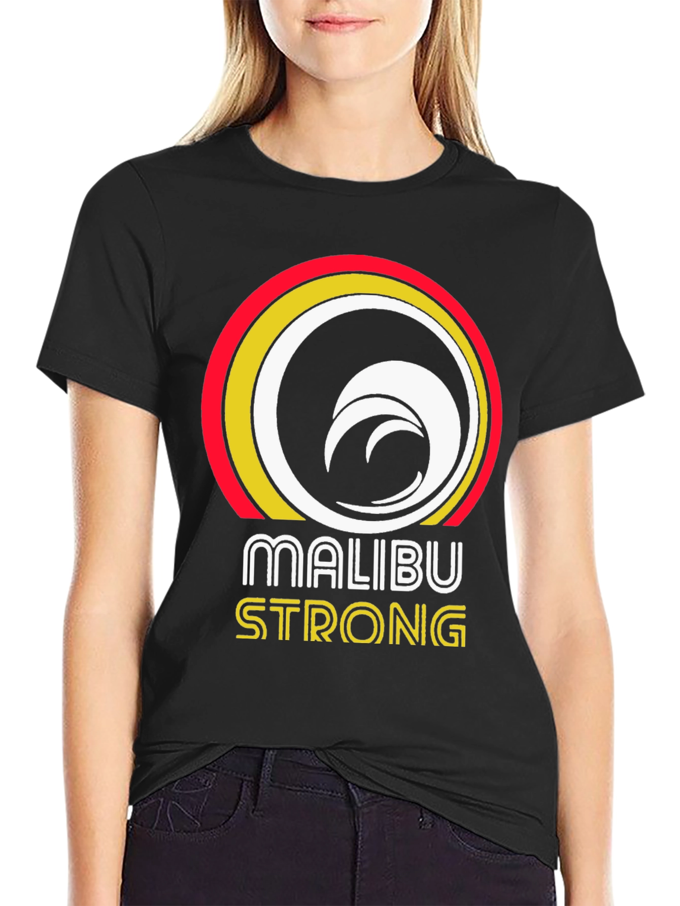 Camiseta Negra Malibu Strong con Diseño de Ola