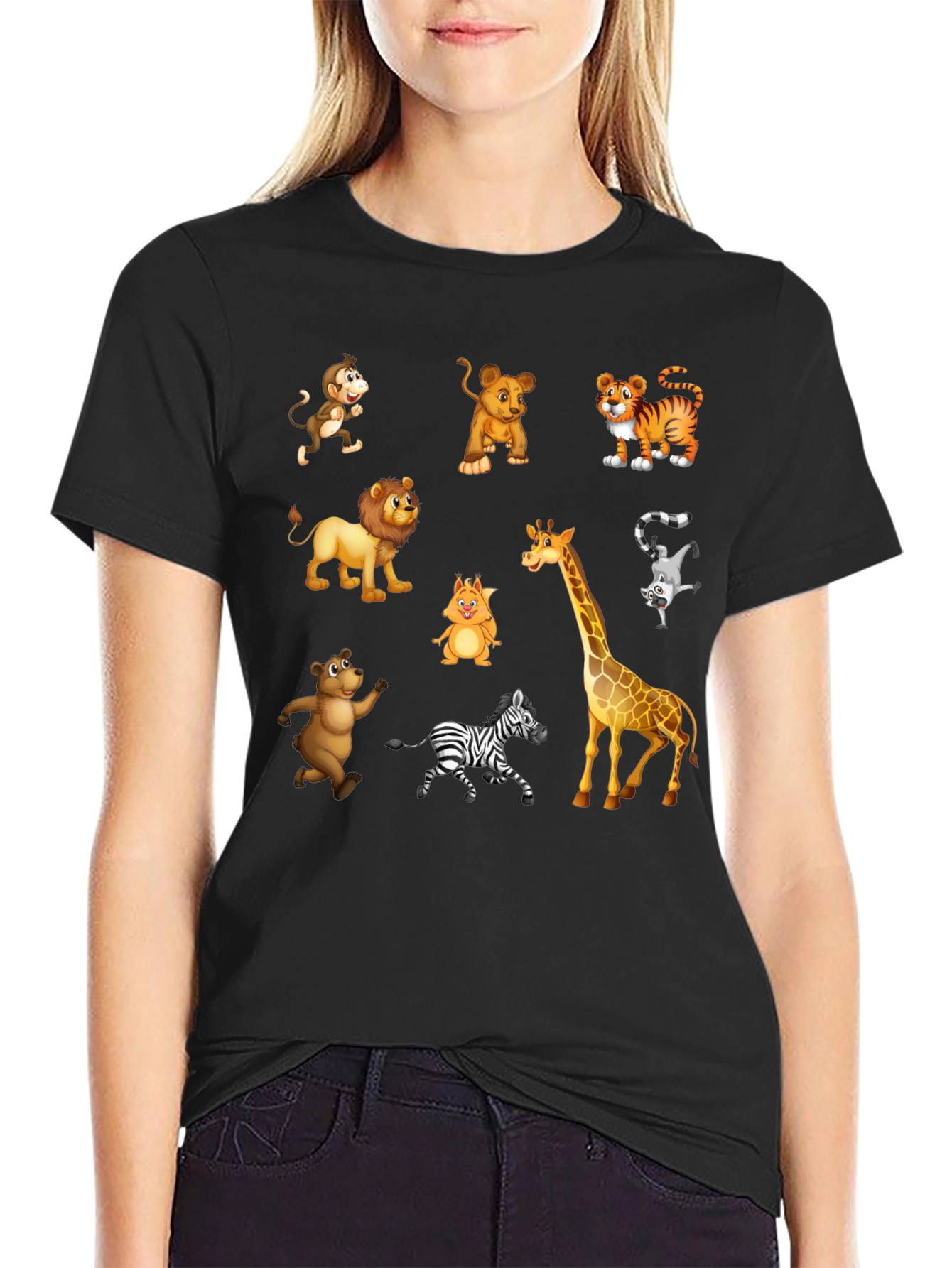 Camiseta Negra con Dibujos de Animales de la Selva