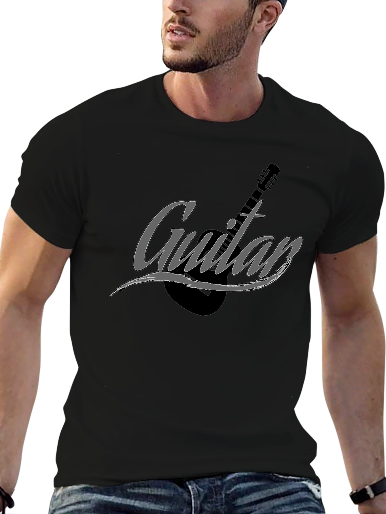 Camiseta Negra Hombre Guitar Estilo Casual