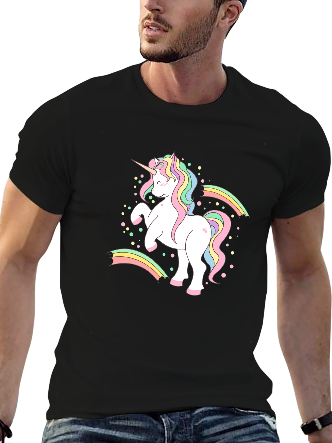 Camiseta Negra Unicornio Arcoíris Hombre