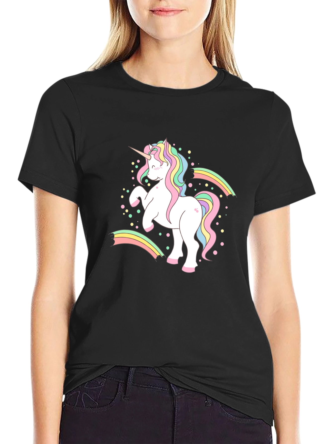 Camiseta Negra Unicornio Arcoíris Hombre
