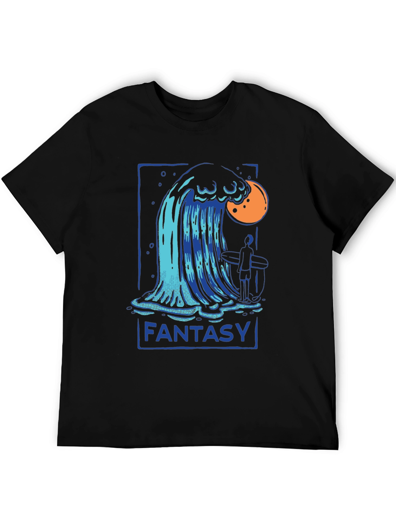 Camiseta Negra Fantasía con Diseño de Ola y Surfista