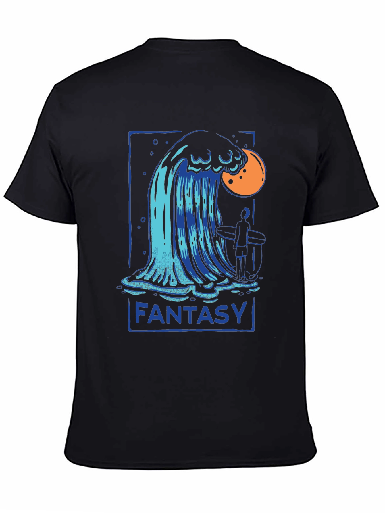Camiseta Negra Fantasía con Diseño de Ola y Surfista