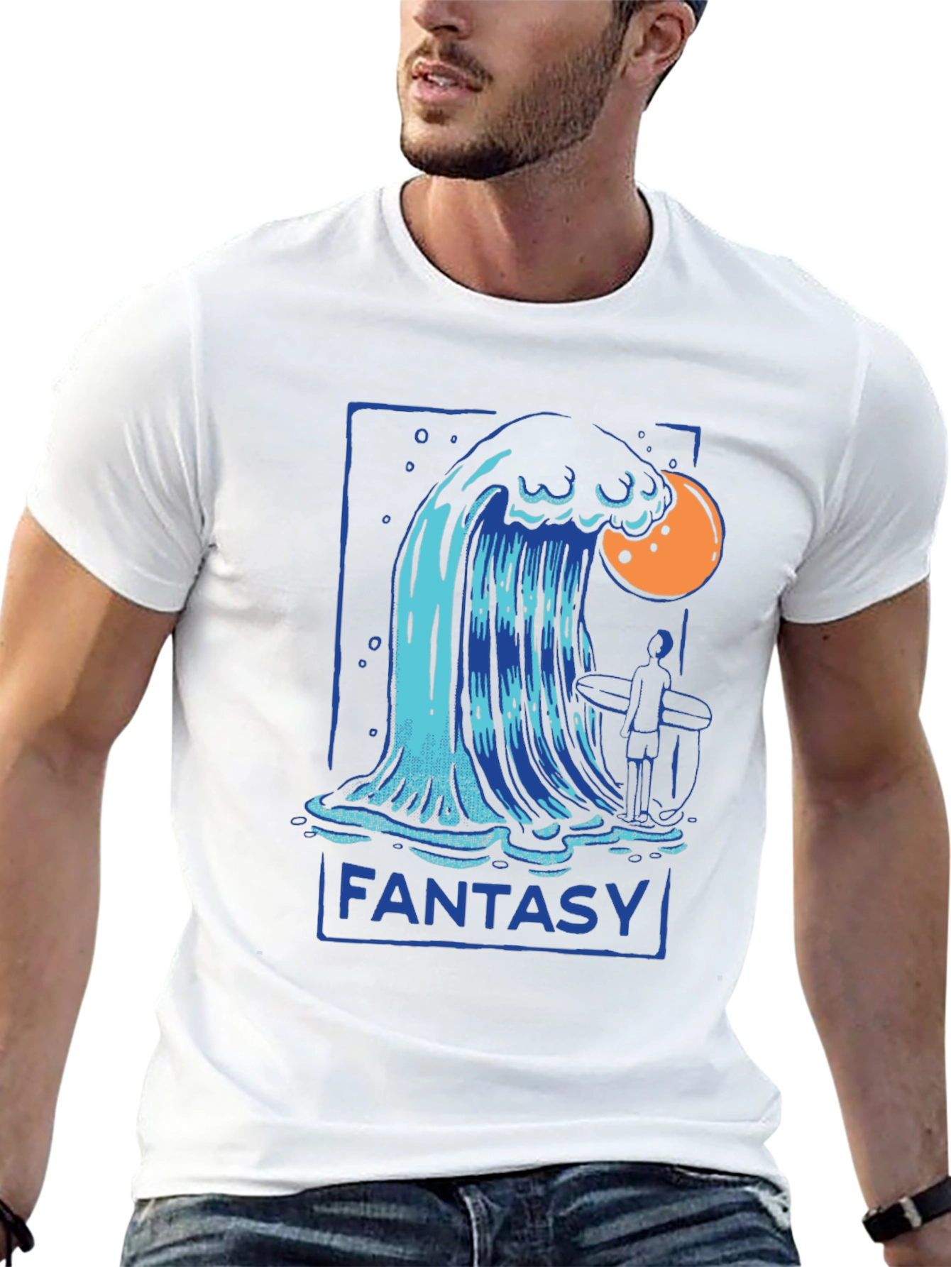 Camiseta Negra Fantasía con Diseño de Ola y Surfista