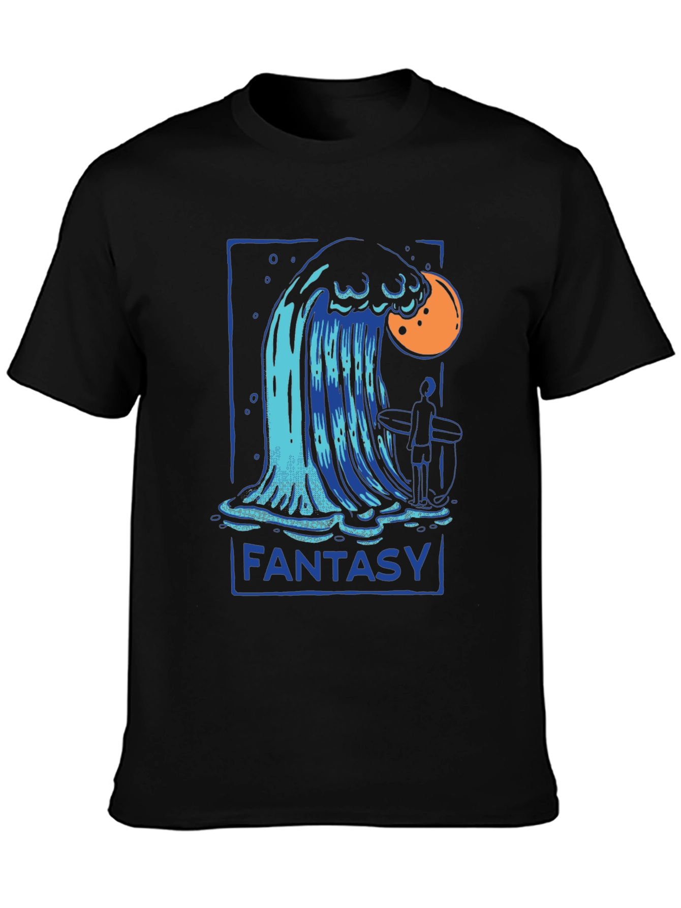 Camiseta Negra Fantasía con Diseño de Ola y Surfista