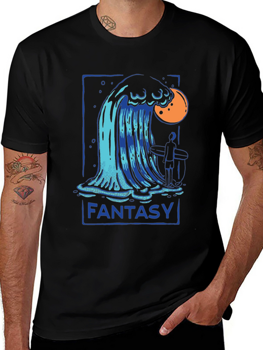 Camiseta Negra Fantasía con Diseño de Ola y Surfista