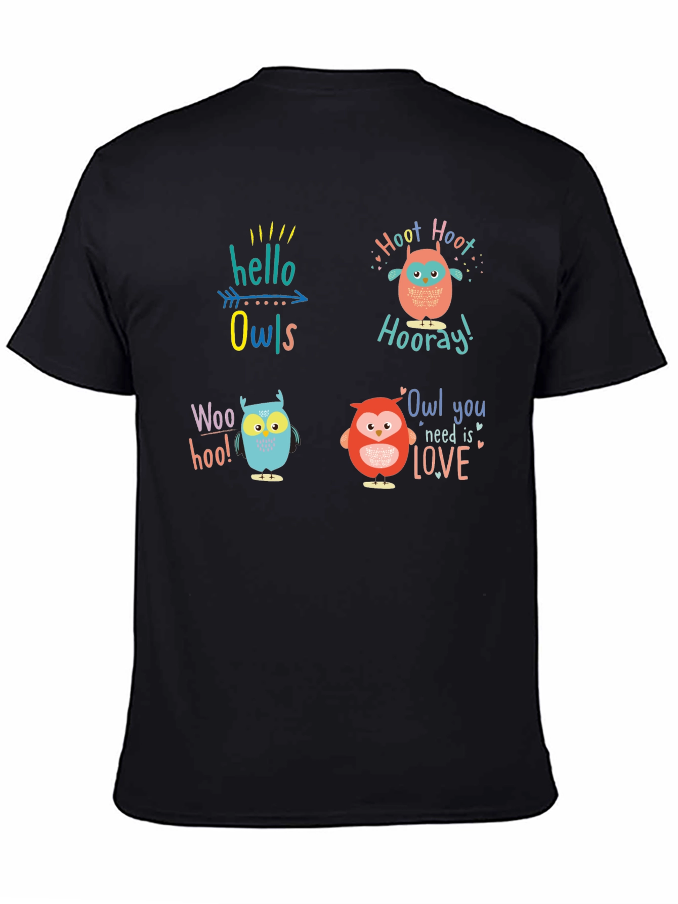 Camiseta Negra con Diseño de Búhos Divertidos