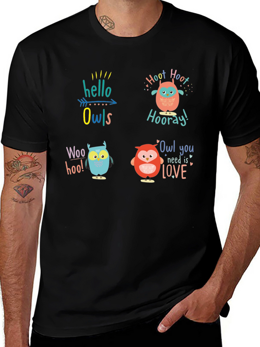 Camiseta Negra con Diseño de Búhos Divertidos