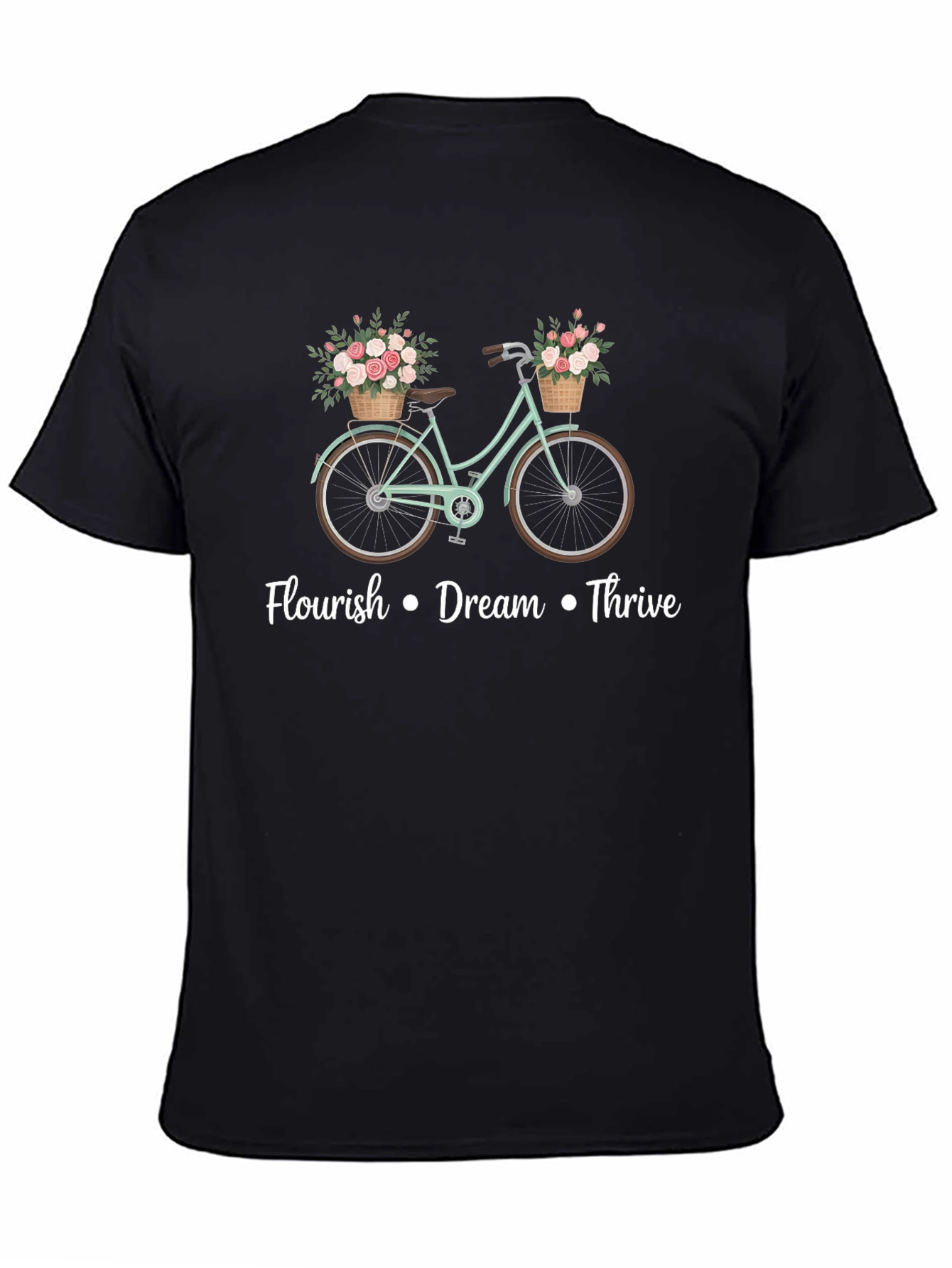 Camiseta Negra Bicicleta con Flores y Mensaje Motivacional