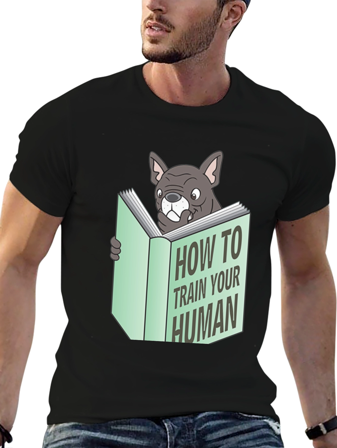 Camiseta Negra con Diseño Divertido de Bulldog Lector
