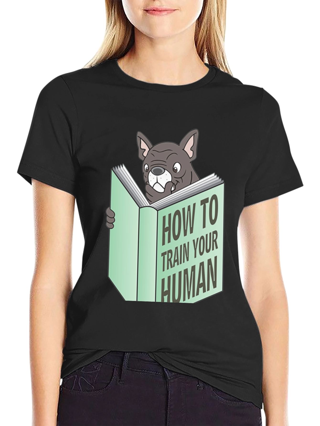 Camiseta Negra con Diseño Divertido de Bulldog Lector