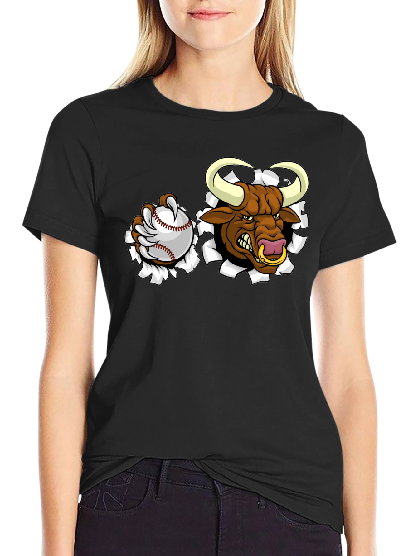 Camiseta Negra con Toro de Béisbol