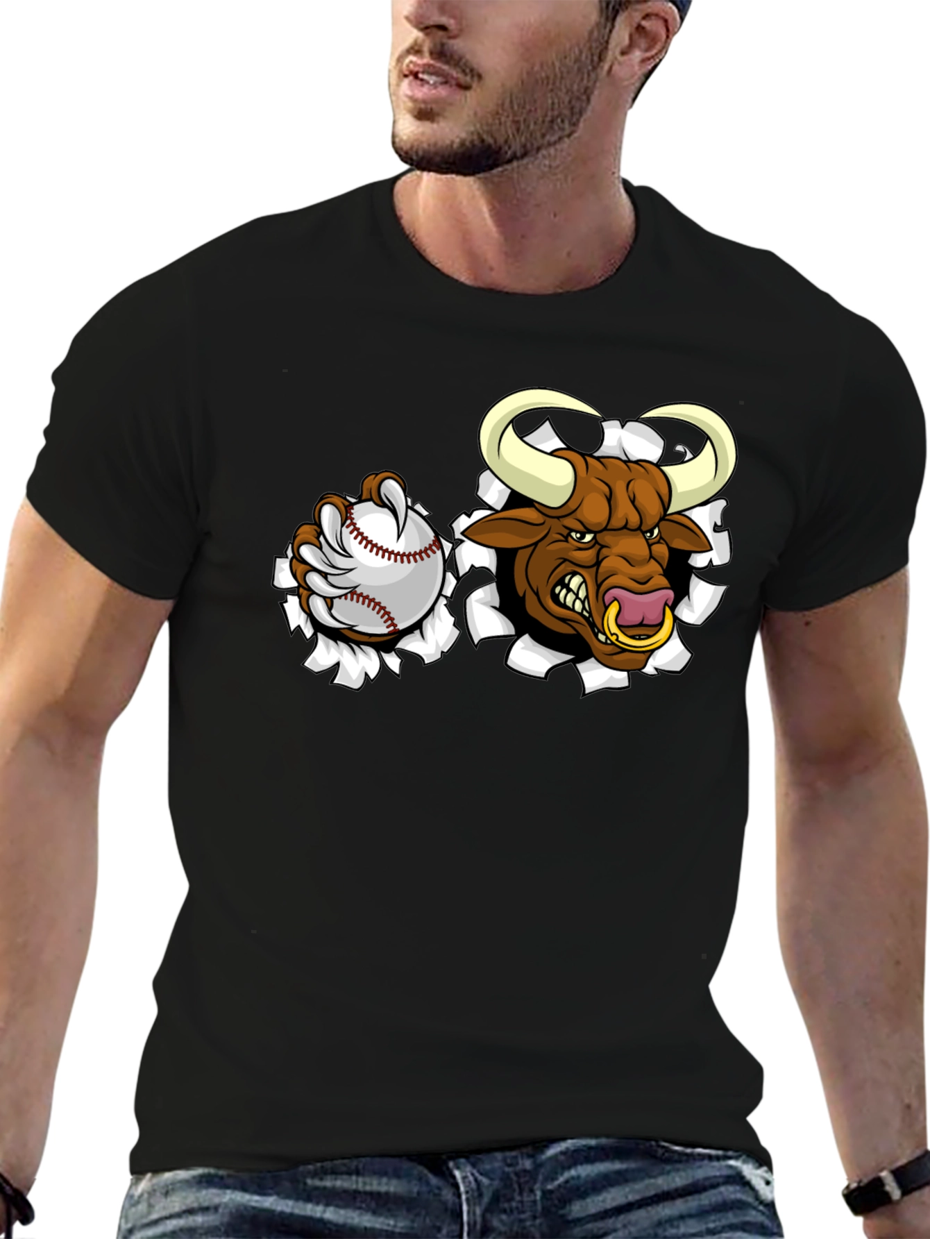 Camiseta Negra con Toro de Béisbol