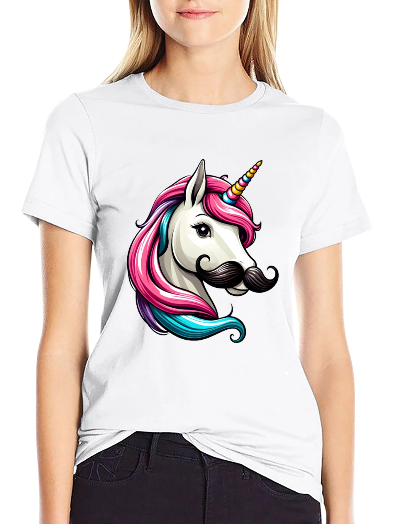 Camiseta Negra Unicornio con Bigote Divertido