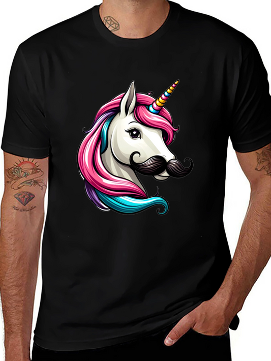 Camiseta Negra Unicornio con Bigote Divertido