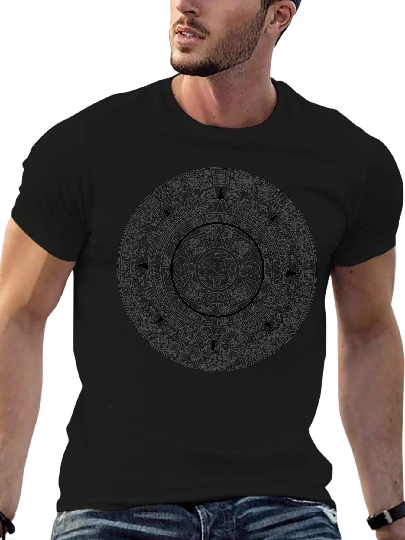 Camiseta Hombre Negra Calendario Azteca Diseño Único