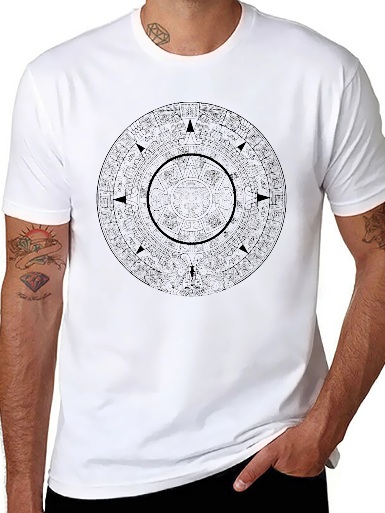 Camiseta Hombre Negra Calendario Azteca Diseño Único