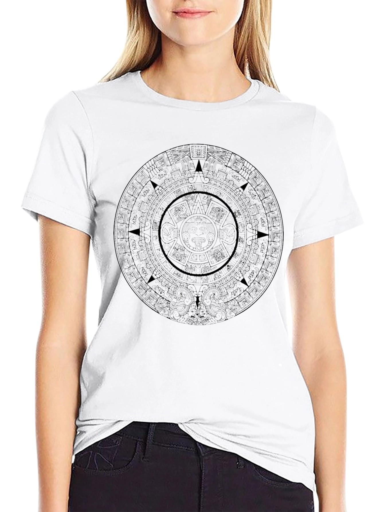 Camiseta Hombre Negra Calendario Azteca Diseño Único