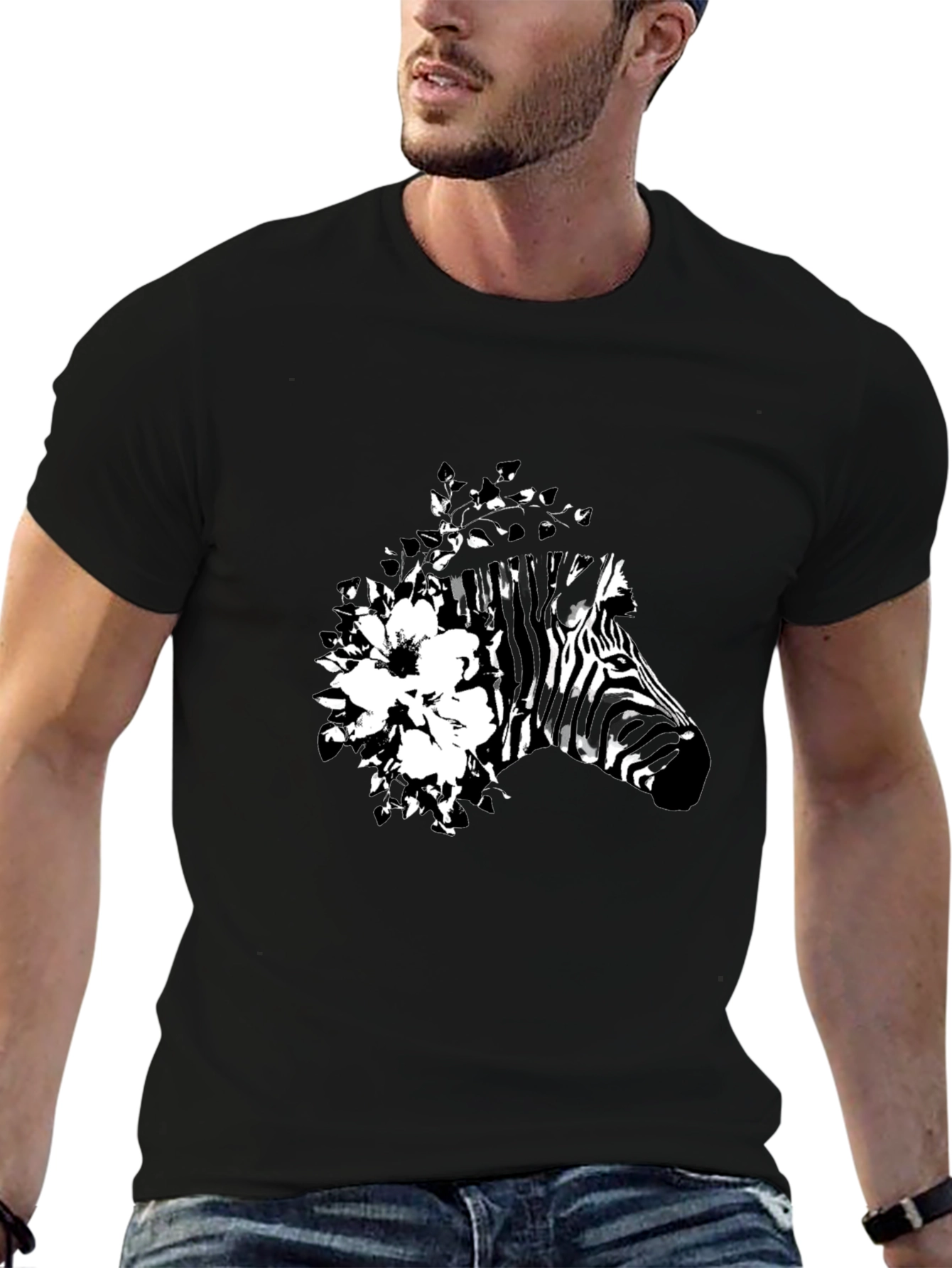 Camiseta Negra con Diseño de Cebra Floral