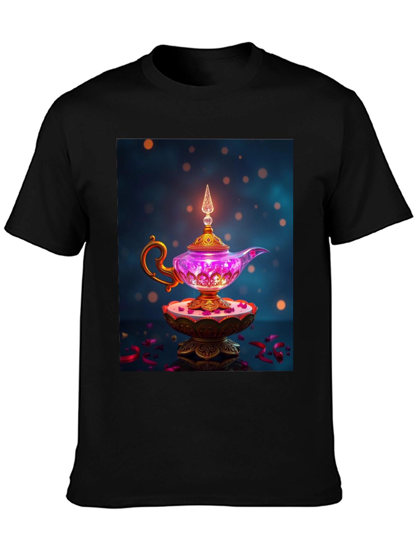 Camiseta Negra con Lámpara Mágica de Diseño