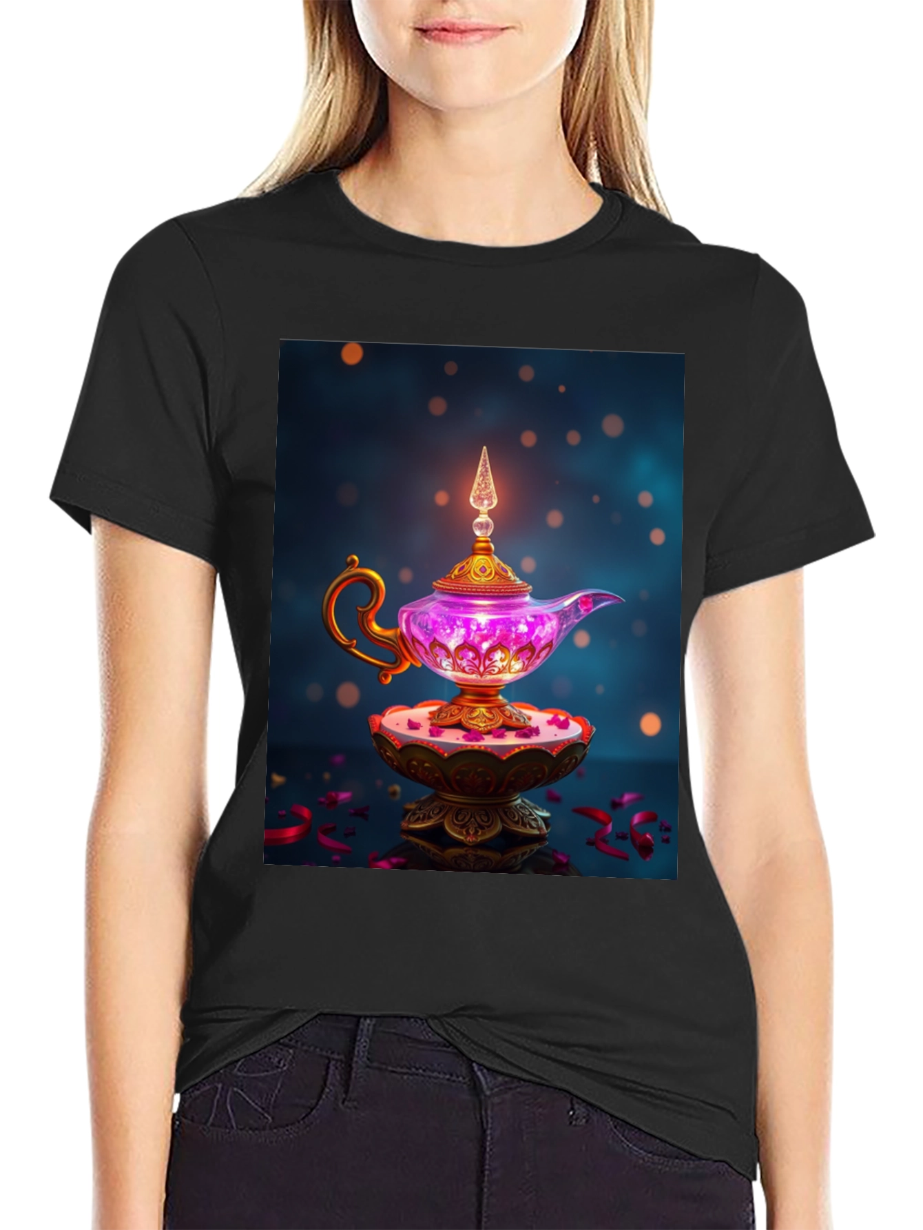 Camiseta Negra con Lámpara Mágica de Diseño
