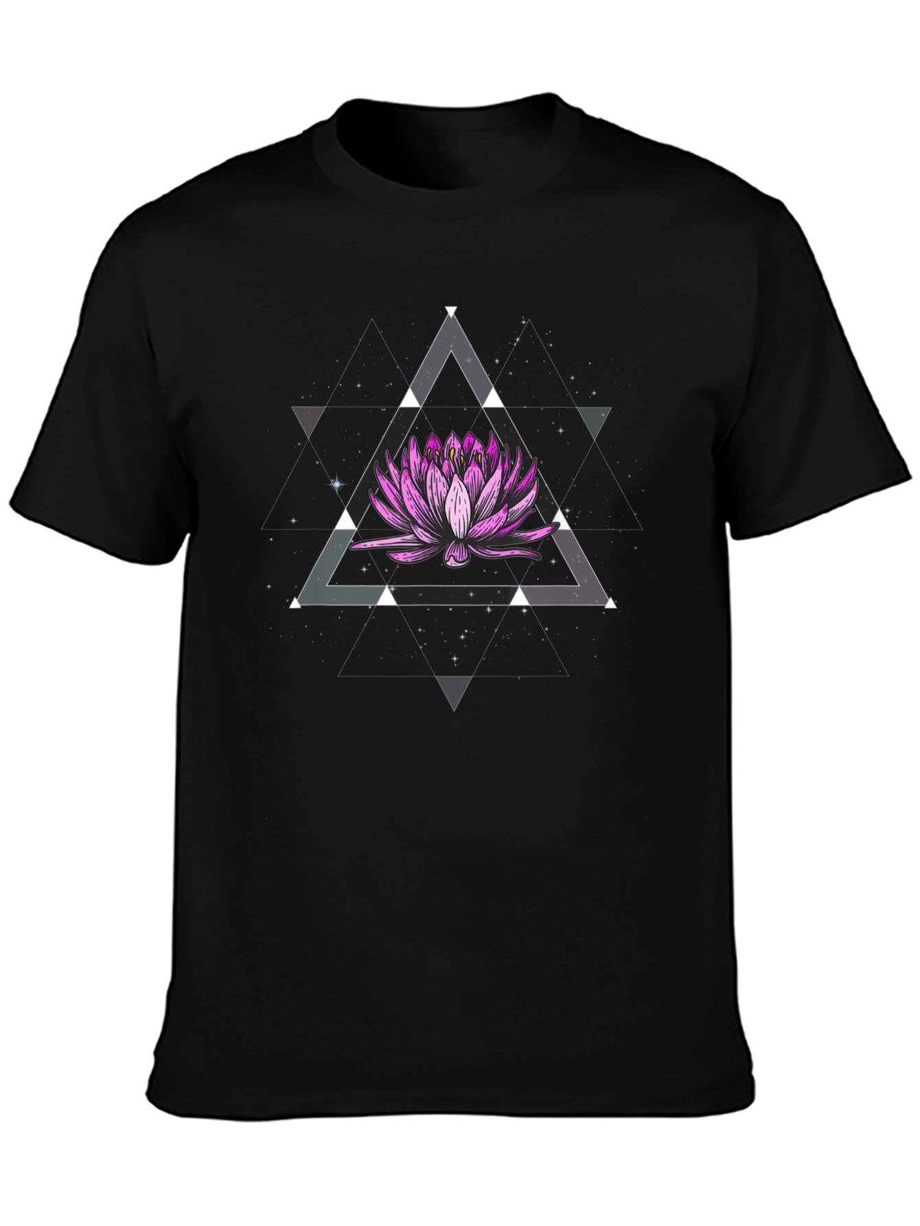 Camiseta Negra con Diseño Floral Geométrico Espacial