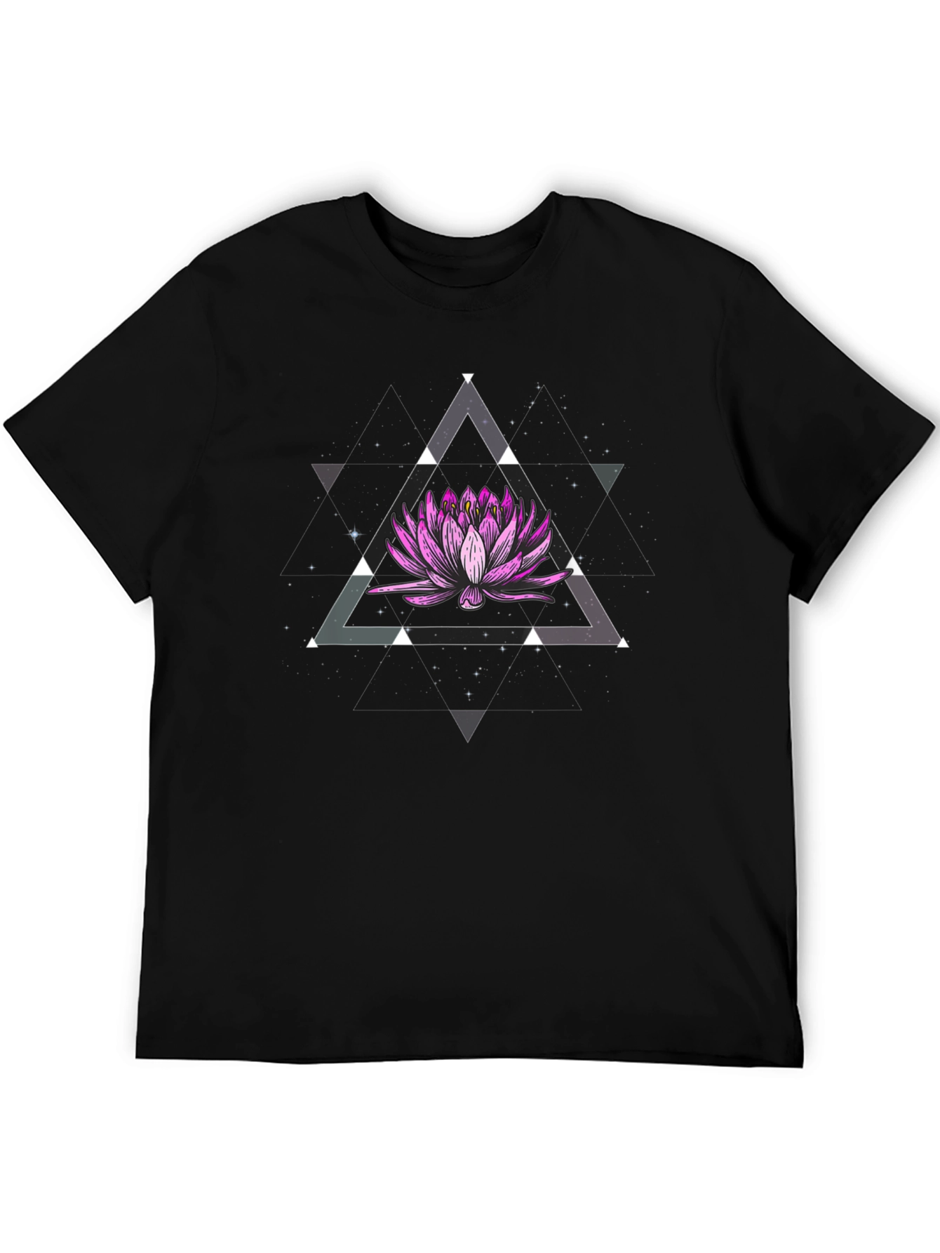 Camiseta Negra con Diseño Floral Geométrico Espacial