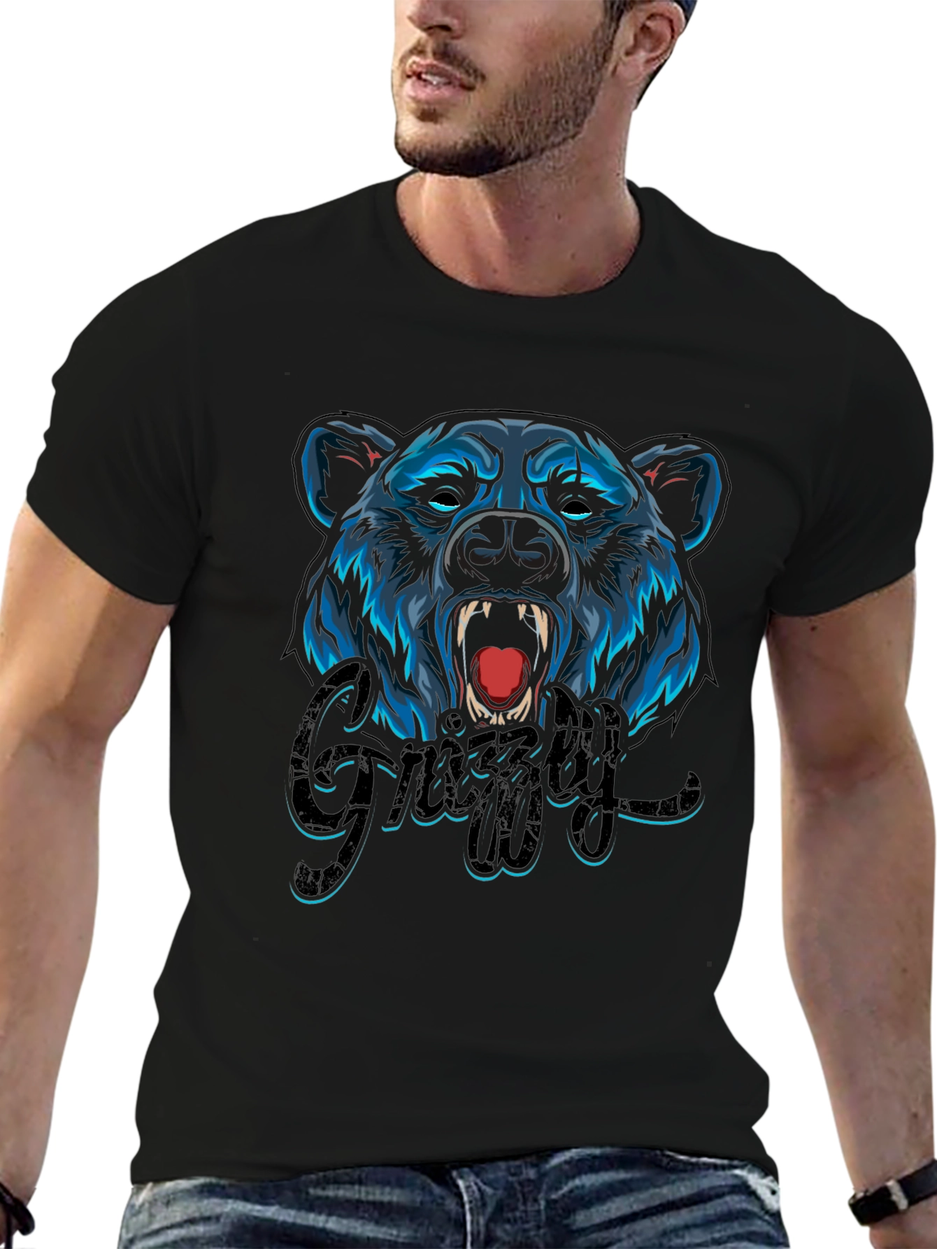 Camiseta Negra Hombre Diseño Oso Grizzly