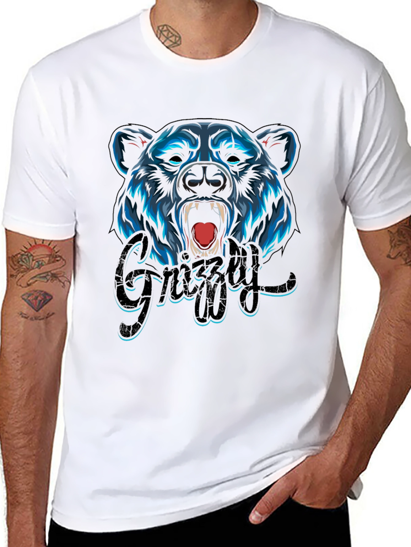 Camiseta Negra Hombre Diseño Oso Grizzly