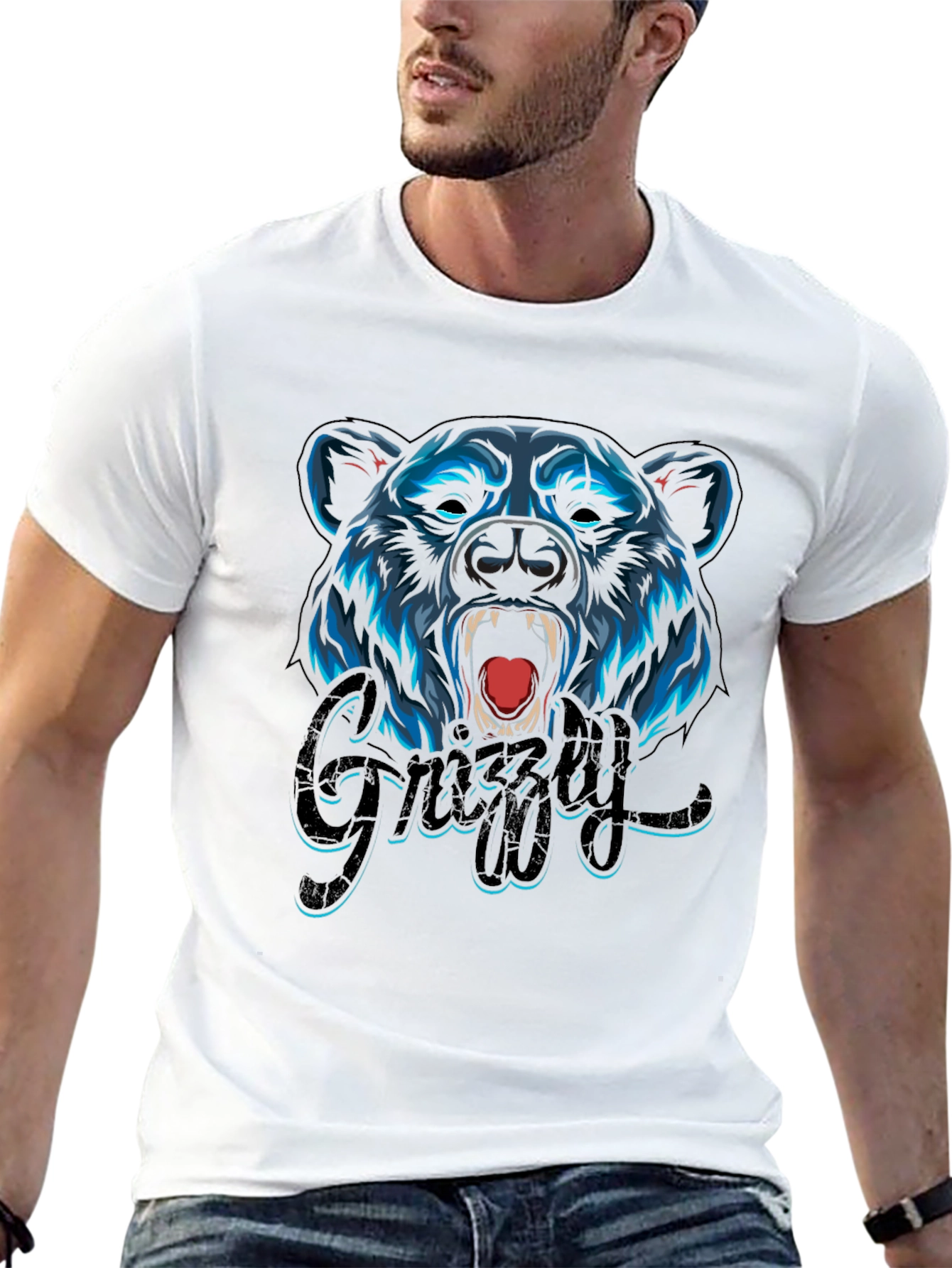 Camiseta Negra Hombre Diseño Oso Grizzly