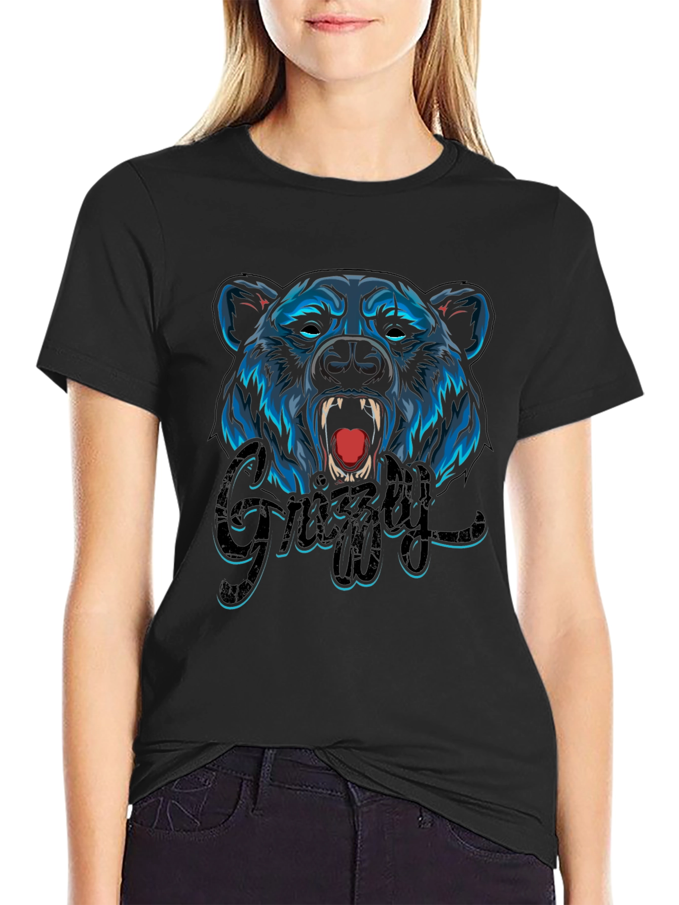 Camiseta Negra Hombre Diseño Oso Grizzly