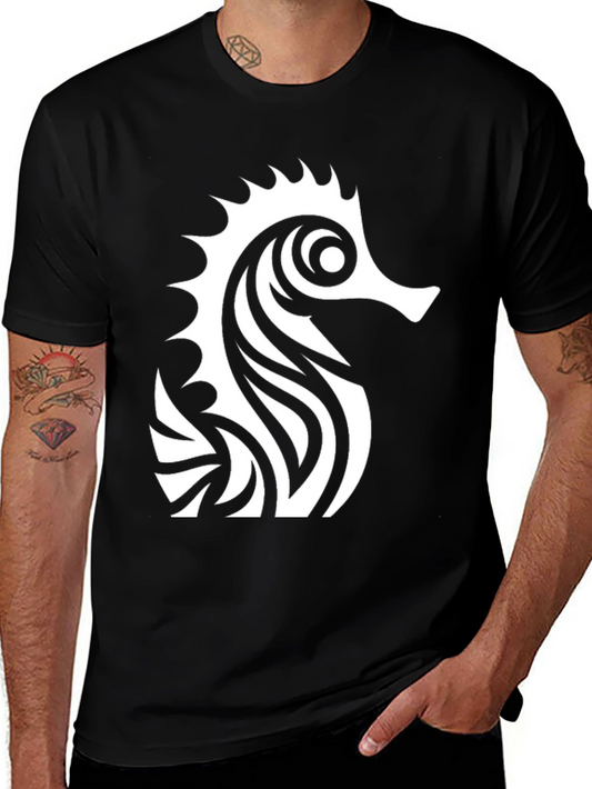 Camiseta Negra con Diseño de Caballito de Mar Tribal