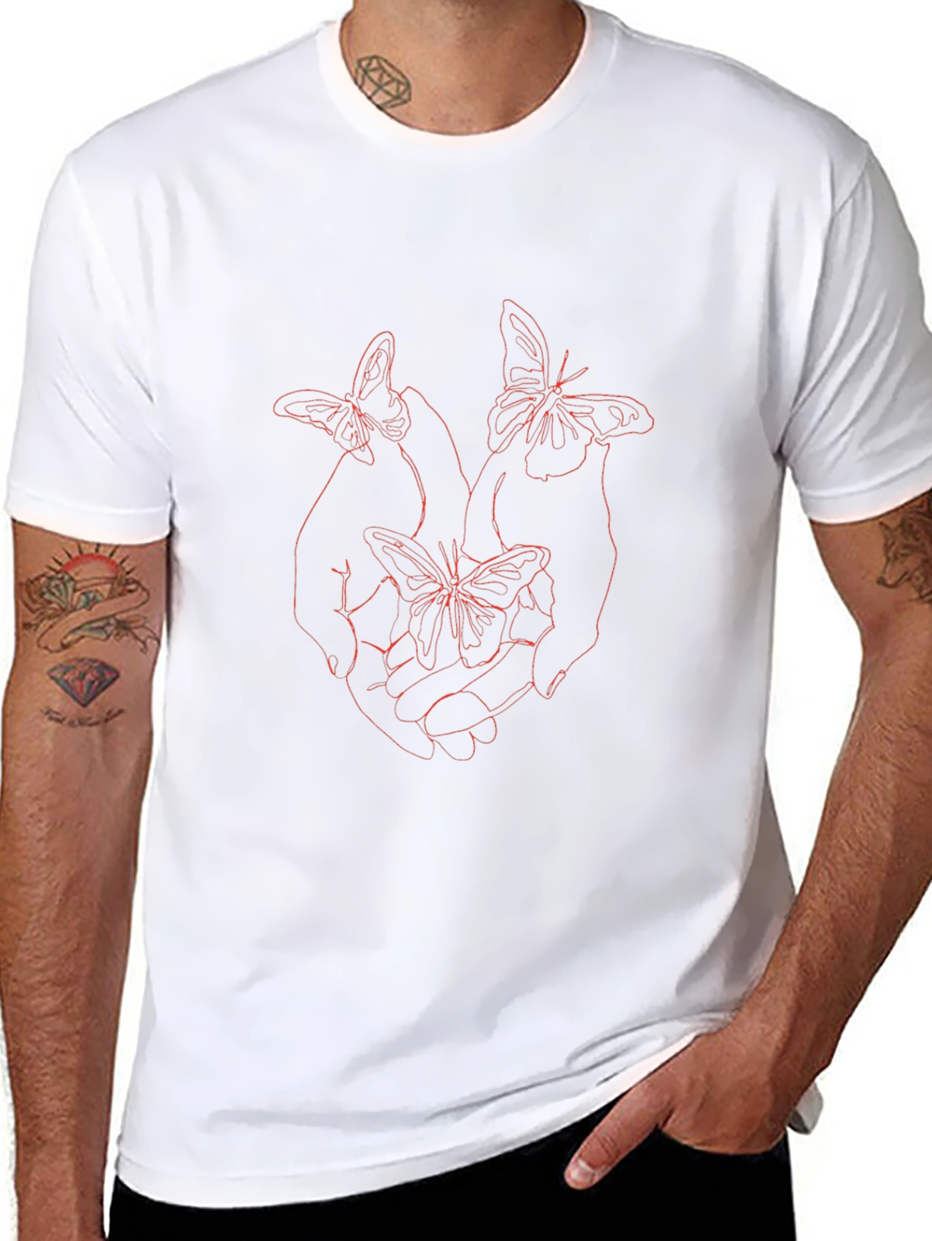 Camiseta Negra con Diseño de Mariposas Rojas
