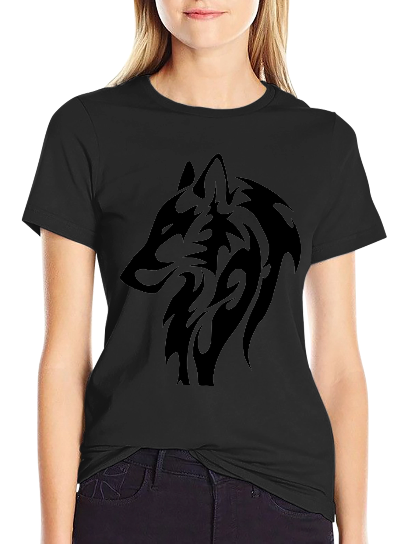 Camiseta Negra Hombre Lobo Tribal