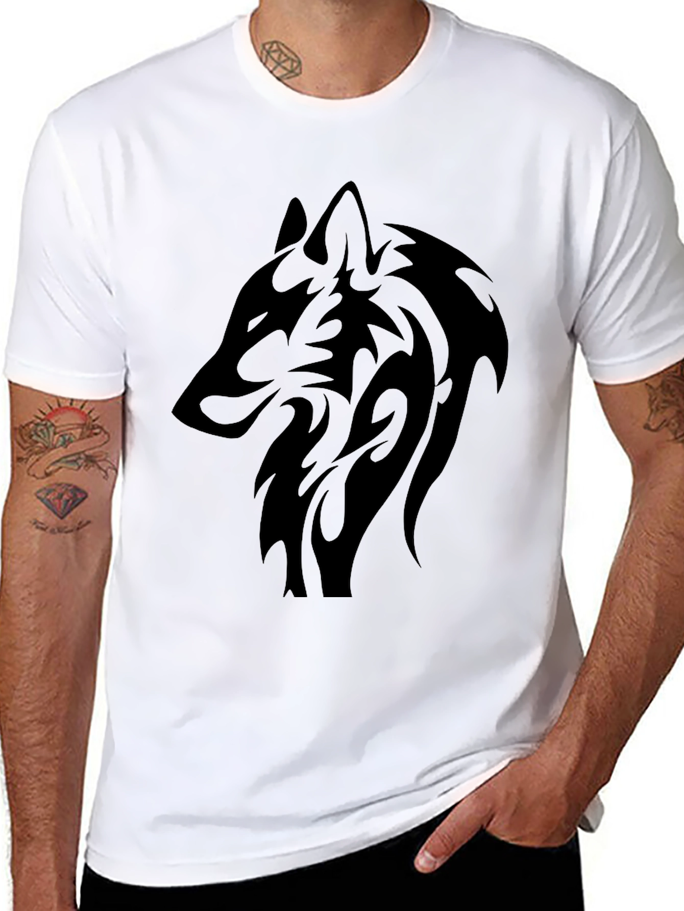 Camiseta Negra Hombre Lobo Tribal