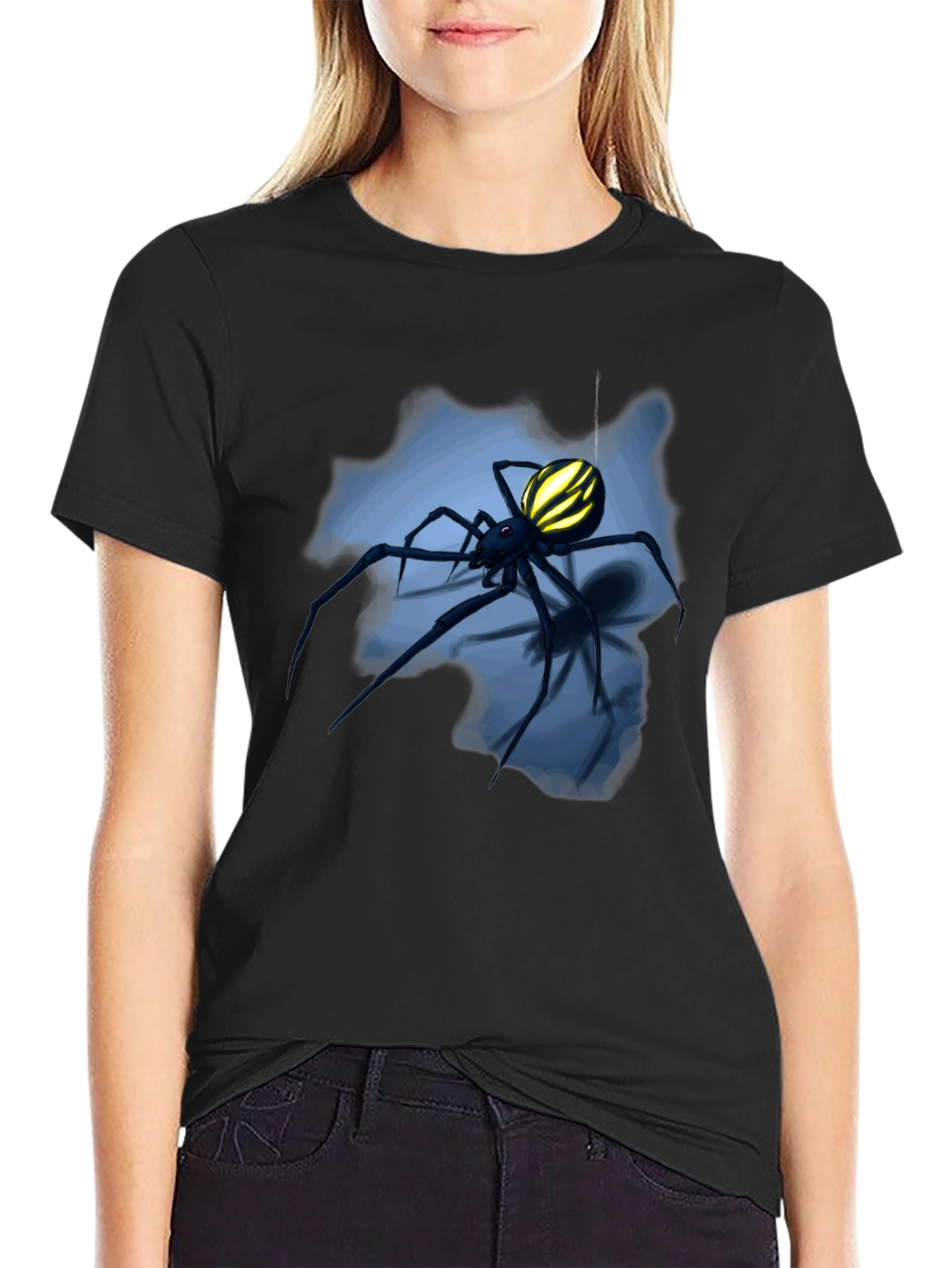 Camiseta Negra con Diseño de Araña Amarilla