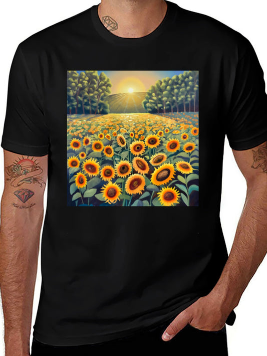 Camiseta Negra con Diseño de Campo de Girasoles al Atardecer