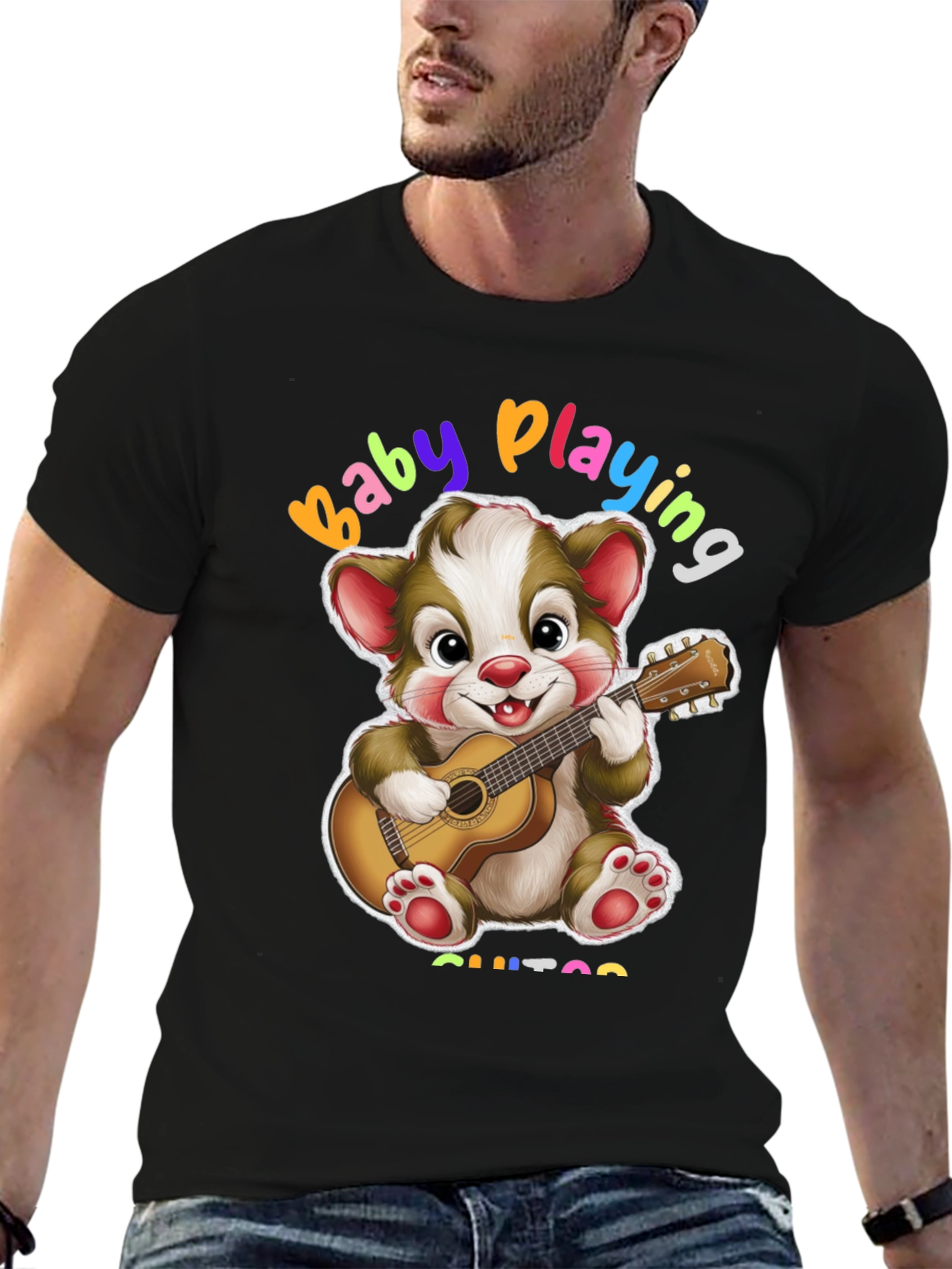 Camiseta Negra con Diseño de Oso Guitarrista