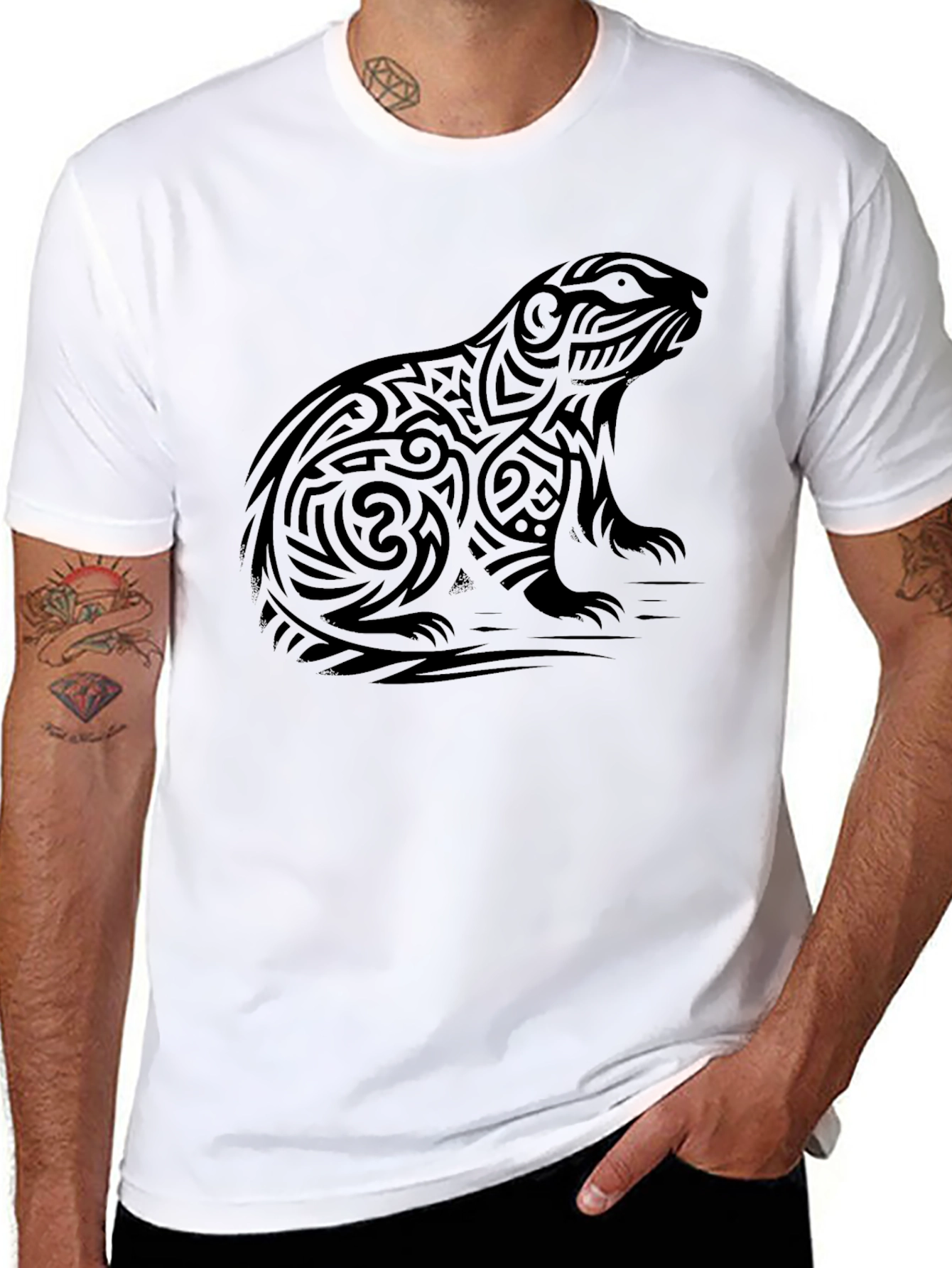 Camiseta Negra Hombre Diseño Tribal Marmota