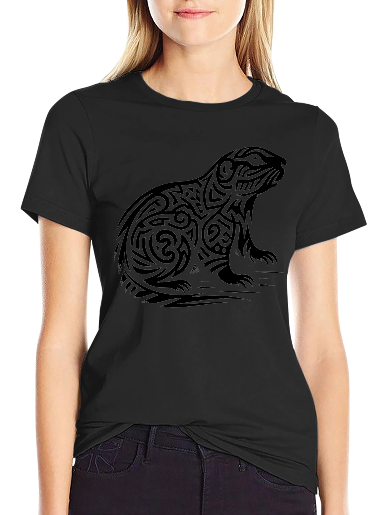 Camiseta Negra Hombre Diseño Tribal Marmota