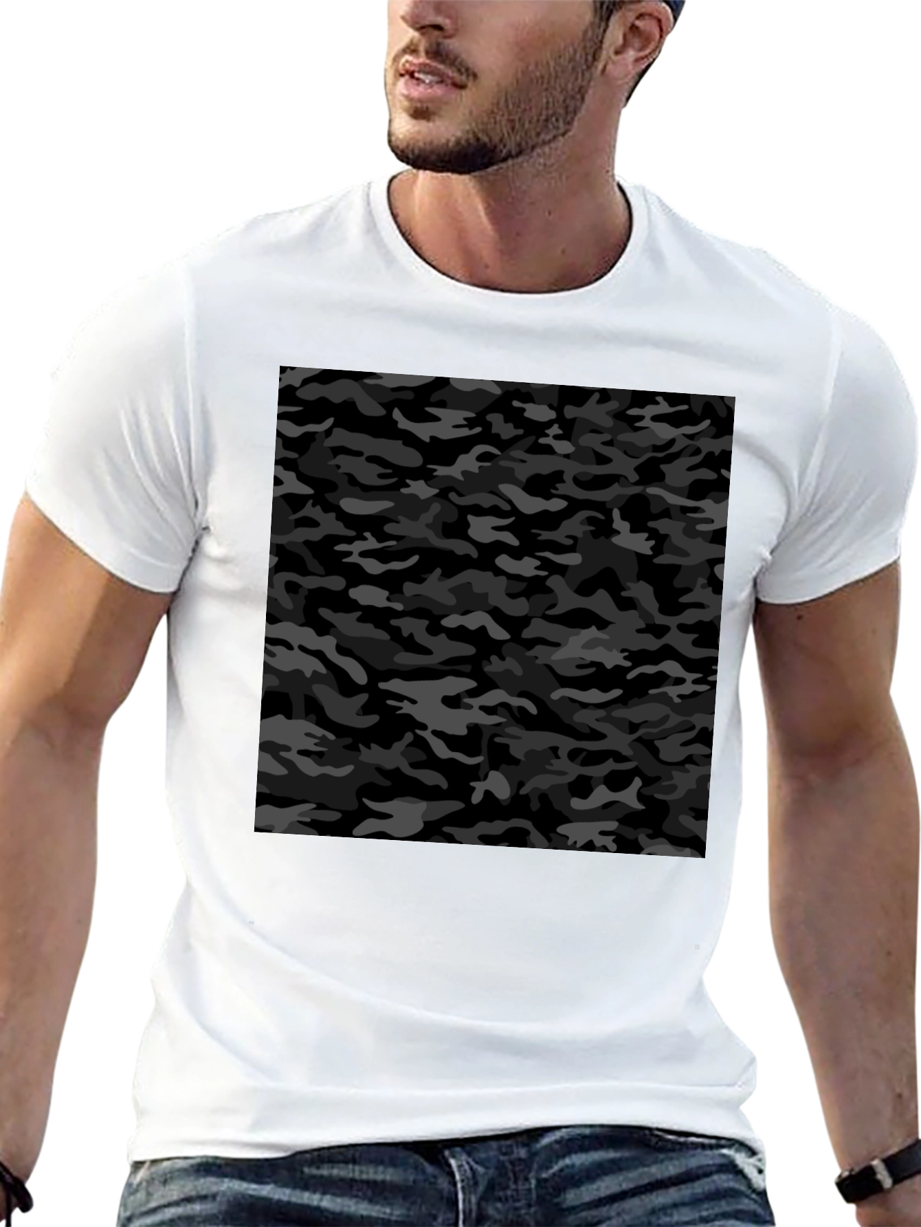 Camiseta Negra Hombre Estampado Camuflaje Urbano