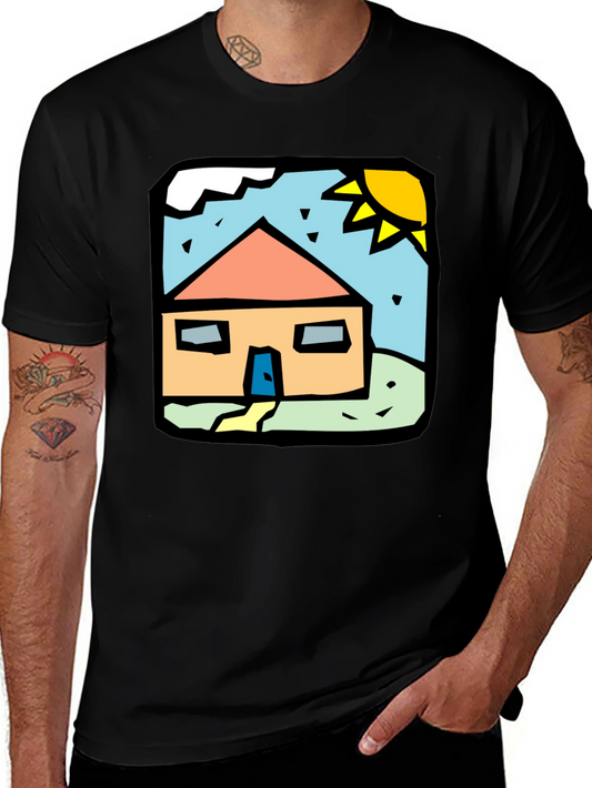 Camiseta Negra con Diseño de Casa Colorida