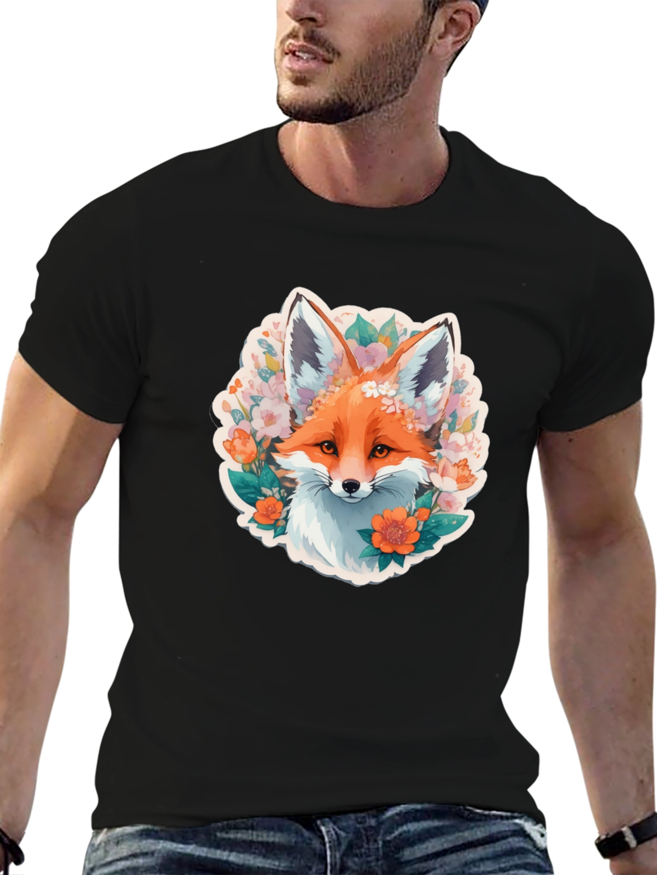 Camiseta Negra con Diseño de Zorro Floral