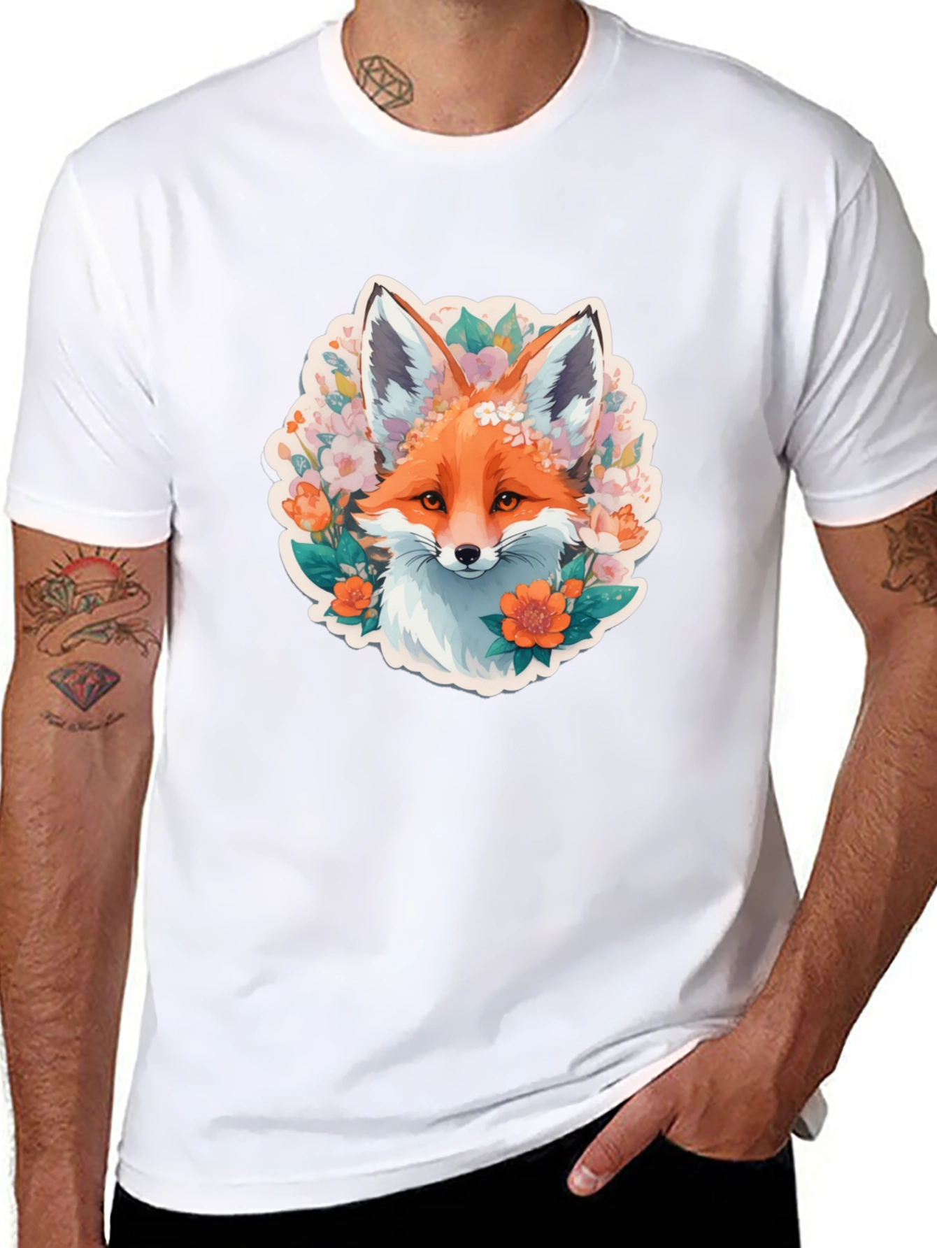Camiseta Negra con Diseño de Zorro Floral