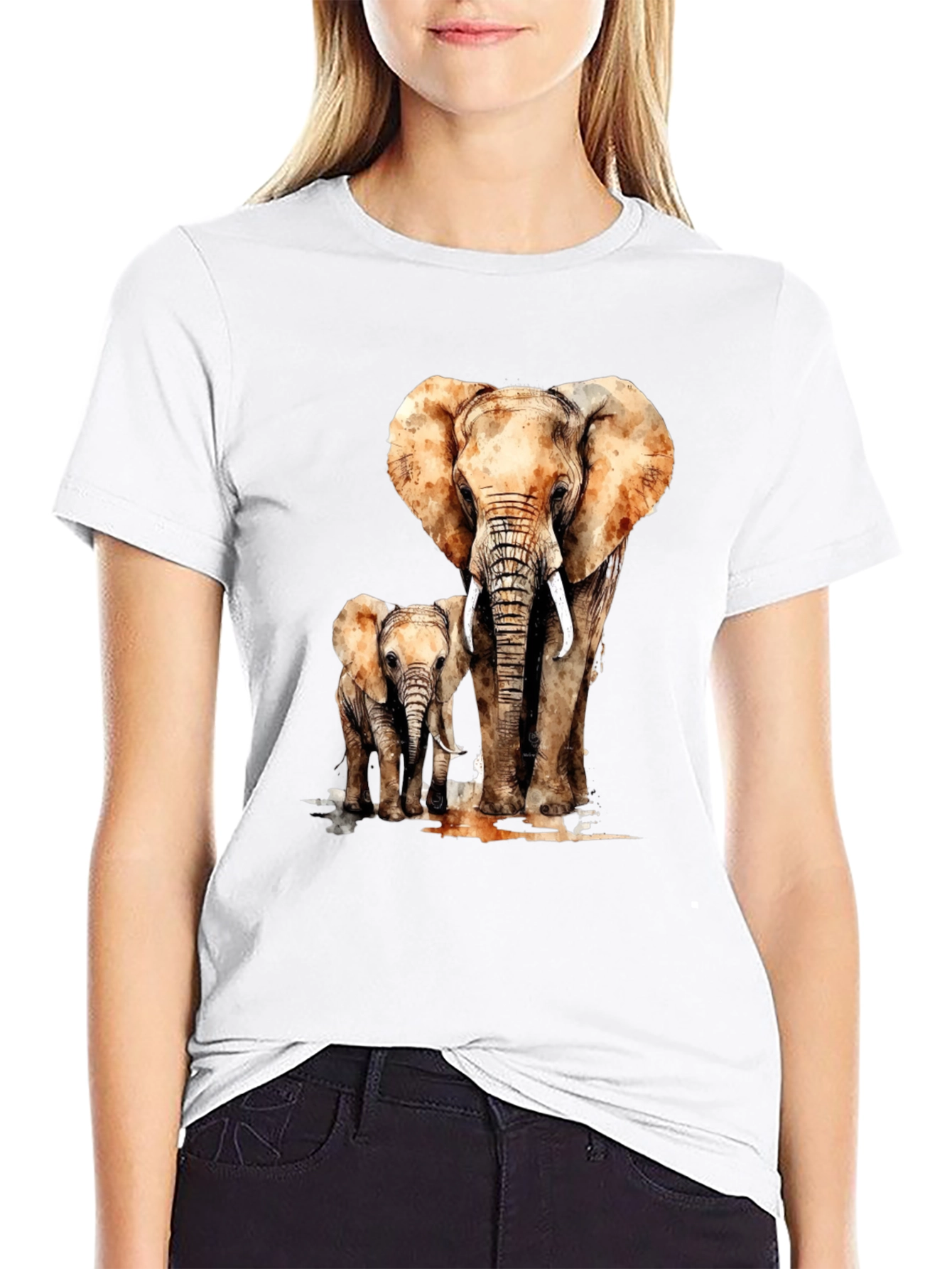 Camiseta Negra con Estampado de Elefante y Elefantito