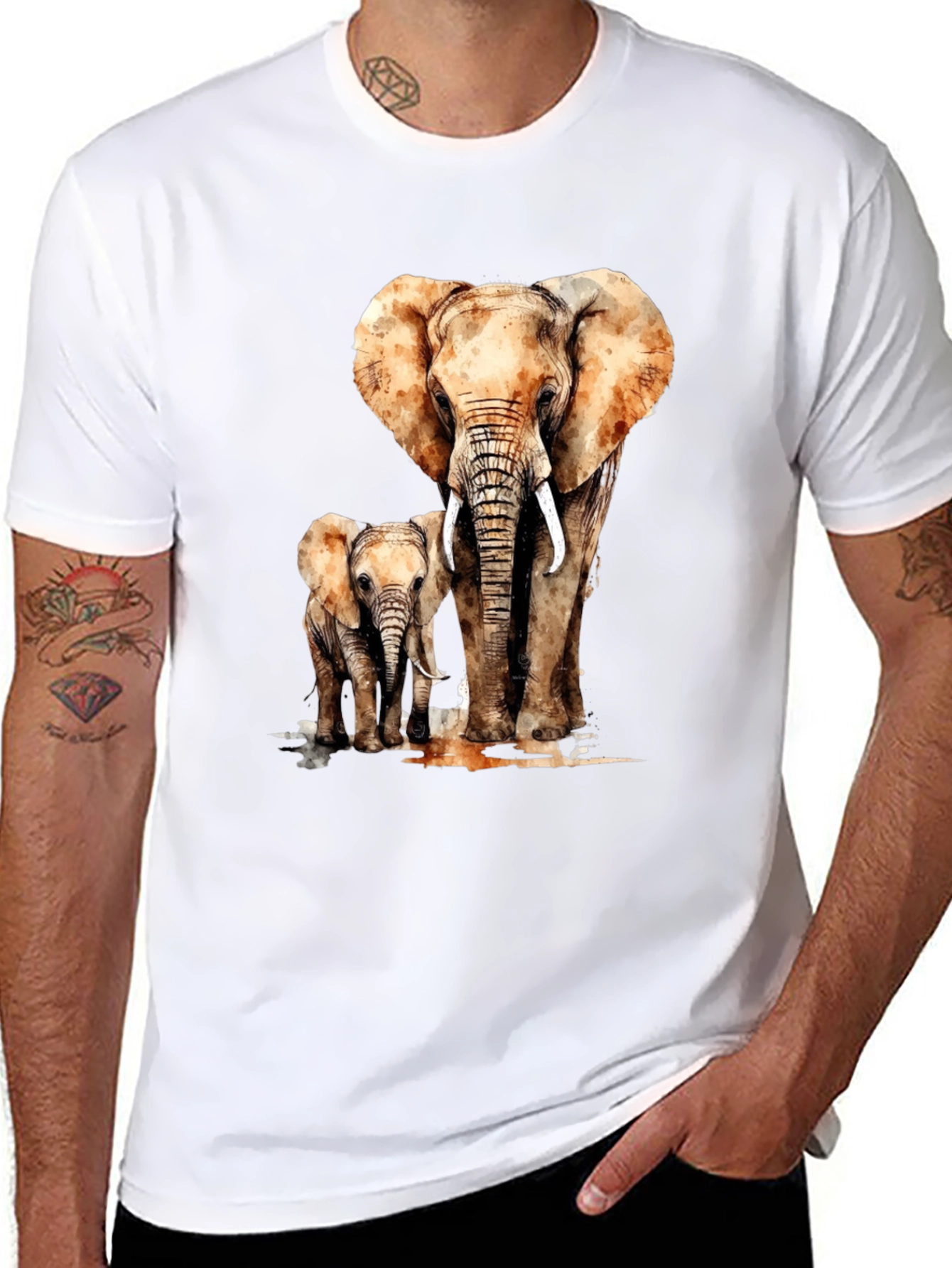 Camiseta Negra con Estampado de Elefante y Elefantito